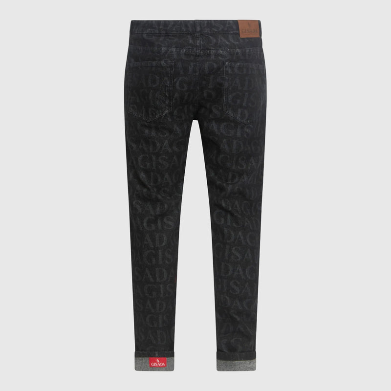 Slim Denim Jeans with Allover Gisada Laser Print and Inside Bottom Label