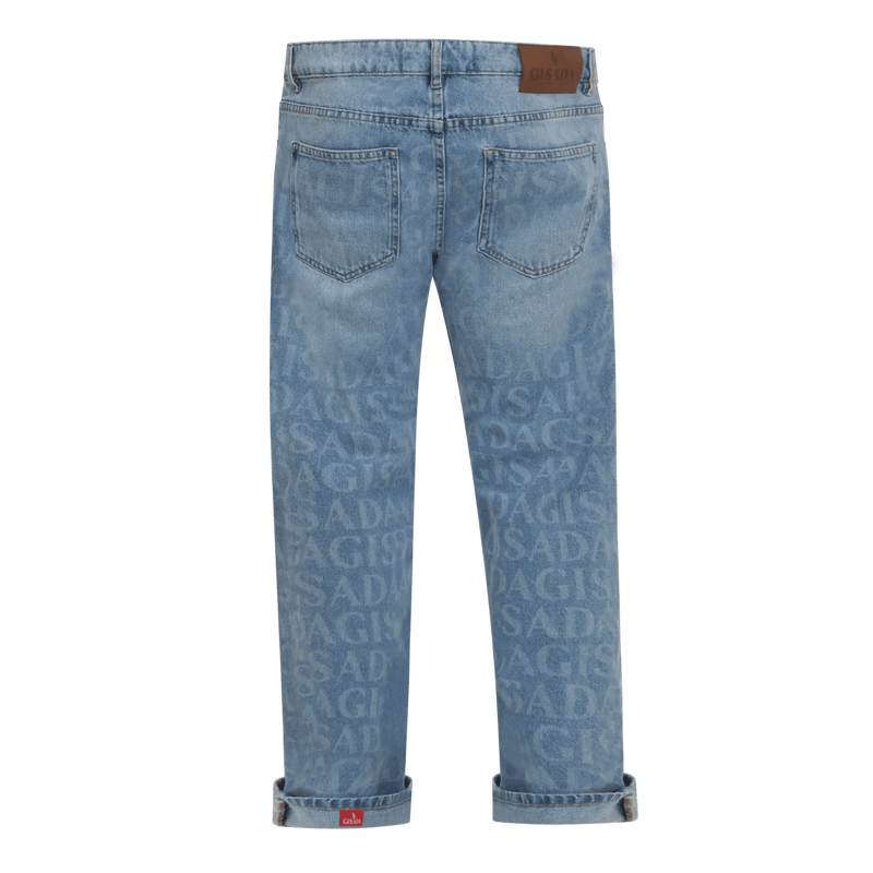 Weit geschnittene Denim-Jeans mit Etikett am unteren Ende