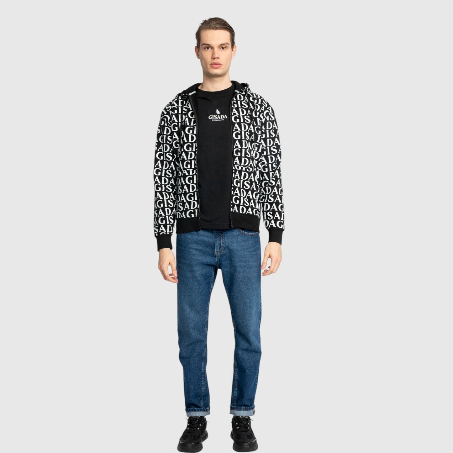 Zip - Up Hoodie in Midweight Cotton with Allover Print - Gisada.com