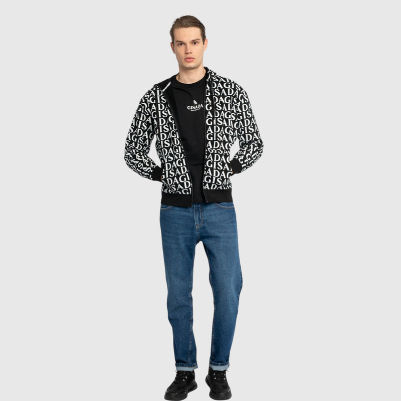 Zip - Up Hoodie in Midweight Cotton with Allover Print - Gisada.com