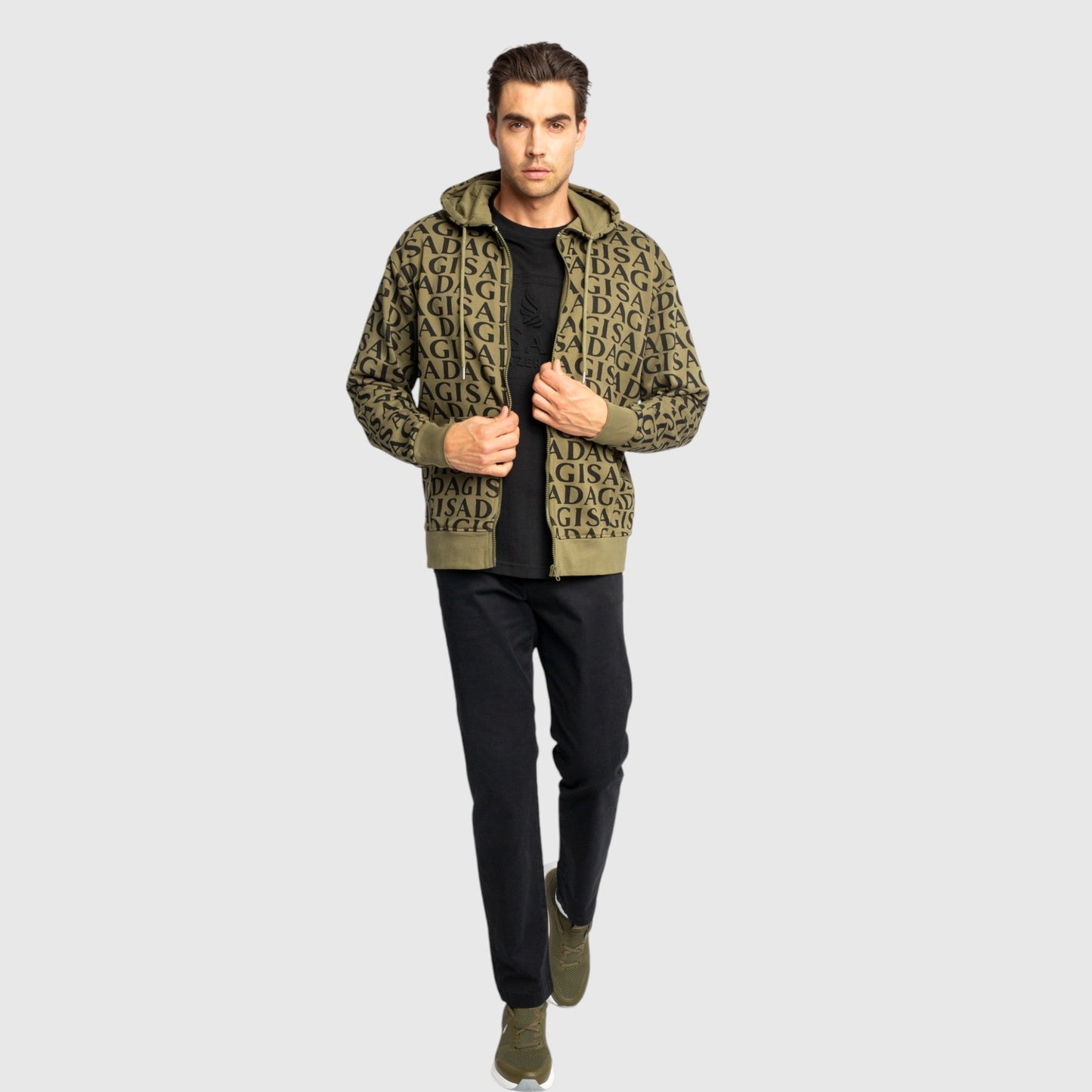 Zip - Up Hoodie in Midweight Cotton with Allover Print - Gisada.com
