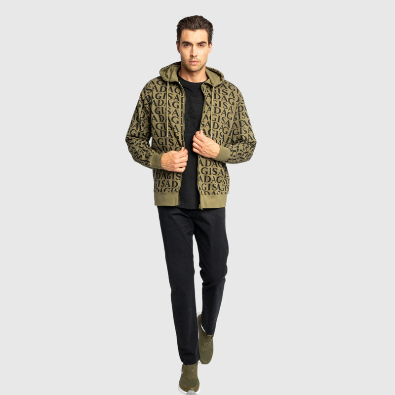 Zip - Up Hoodie in Midweight Cotton with Allover Print - Gisada.com